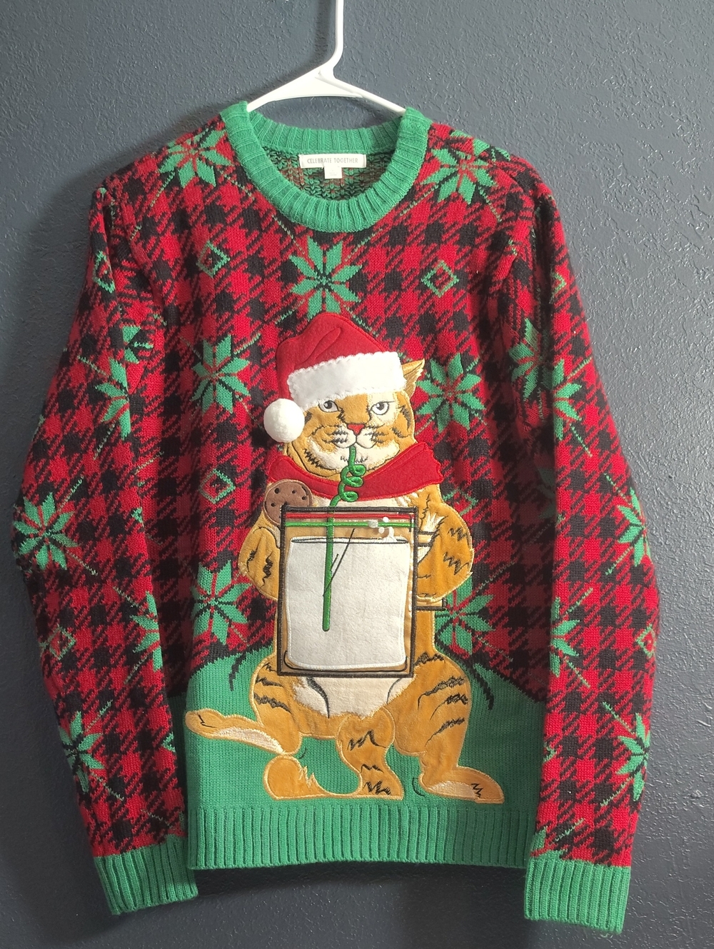Christmas Holiday Ugly Sweater Cat  Red & Green With Cup Pouch Cup Holder